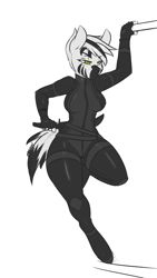 Size: 1085x1920 | Tagged: dead source, safe, artist:avante92, oc, oc only, oc:pyrite, anthro, unguligrade anthro, zebra, anthro oc, assassin, catsuit, solo, stealth suit