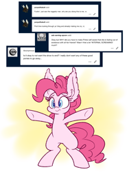 Size: 1200x1600 | Tagged: safe, artist:heir-of-rick, pinkie pie, earth pony, pony, abstract background, ask, bipedal, cute, diapinkes, ear fluff, female, gradient background, hugs?, impossibly large ears, mare, rearing, smiling, solo, text, tumblr