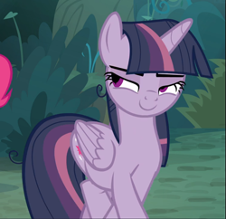 Size: 971x938 | Tagged: safe, screencap, mean twilight sparkle, pinkie pie, alicorn, earth pony, pony, the mean 6, blinking, clone, cropped, crossed hooves, female, mare, offscreen character, smiling, solo