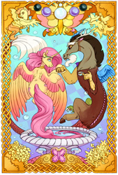 Size: 2332x3457 | Tagged: safe, artist:cuttledreams, discord, fluttershy, alicorn, alicornified, commission, curved horn, discoshy, duo, female, fluttercorn, holding hooves, horn, looking at each other, male, race swap, shipping, smiling, spread wings, straight, wings