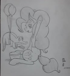 Size: 1836x1990 | Tagged: safe, artist:awesomedude14, gummy, pinkie pie, pony, baking, bust, monochrome, traditional art, waving