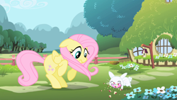 Size: 1280x720 | Tagged: safe, screencap, angel bunny, fluttershy, pegasus, pony, rabbit, animal, apple, bird house, eating, eyes closed, fence, flower, food, herbivore, opening, theme song, tree