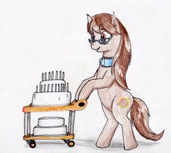 Size: 2485x2224 | Tagged: safe, artist:40kponyguy, derpibooru exclusive, oc, oc only, oc:dawnsong, earth pony, pony, bipedal, cake, candle, cute, cutie mark, ear fluff, female, food, glasses, mare, simple background, solo, traditional art, trolley, white background