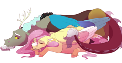 Size: 2900x1500 | Tagged: safe, artist:uunicornicc, discord, fluttershy, draconequus, pegasus, pony, cute, discoshy, discute, ear fluff, female, floppy ears, high res, leg fluff, male, mare, pregnant, prone, shipping, shyabetes, simple background, snuggling, straight, unshorn fetlocks, white background