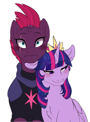 Size: 1226x1648 | Tagged: safe, artist:miamaha, fizzlepop berrytwist, tempest shadow, twilight sparkle, twilight sparkle (alicorn), alicorn, pony, unicorn, my little pony: the movie, blushing, broken horn, eye scar, female, guard, horn, lesbian, mare, royal guard, scar, shipping, simple background, tempest becomes a royal guard, tempestlight, white background