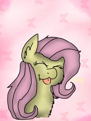 Size: 900x1200 | Tagged: safe, artist:redstreakboy, fluttershy, butterfly, pegasus, pony, cheek fluff, chest fluff, cute, cute little fangs, ear fluff, eyes closed, fangs, silly, silly pony, simple background, solo, tongue out