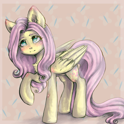 Size: 2048x2048 | Tagged: safe, artist:zefirka, fluttershy, pegasus, pony, chest fluff, cute, cutie mark background, female, folded wings, looking up, mare, raised hoof, shyabetes, solo, standing, three quarter view, wings