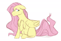 Size: 1920x1280 | Tagged: safe, artist:canisrettmajoris, fluttershy, pegasus, pony, colored sketch, female, floppy ears, folded wings, looking at you, looking sideways, mare, missing cutie mark, raised hoof, simple background, sitting, sketch, smiling, solo, white background, wings