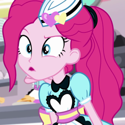 Size: 1077x1077 | Tagged: safe, screencap, pinkie pie, better together, equestria girls, five stars, apron, clothes, cropped, female, server pinkie pie, shop, waitress