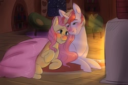 Size: 1093x731 | Tagged: safe, artist:spazzyhippie, fluttershy, oc, oc:lucky charm, pegasus, pony, unicorn, blanket, blushing, bookshelf, canon x oc, cuddling, cute, female, fireplace, flucky, fluttershy's cottage, in love, looking at each other, male, mare, pregnant, romantic, shipping, snow, snowfall, sofa, stallion, straight