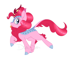 Size: 1280x1066 | Tagged: safe, artist:dippin-dott, pinkie pie, kirin, :p, cloven hooves, colored hooves, kirin-ified, race swap, silly, simple background, solo, species swap, tongue out, white background