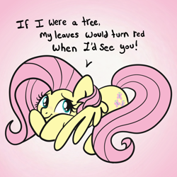 Size: 2100x2100 | Tagged: safe, artist:sjart117, part of a set, fluttershy, pegasus, pony, bad pickup line, blushing, cute, daaaaaaaaaaaw, female, flirting, fluttertree, looking back, mare, pickup lines, prone, shy, shyabetes, solo, speech