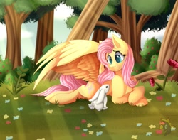 Size: 1024x805 | Tagged: safe, artist:calamity-studios, angel bunny, fluttershy, pegasus, pony, rabbit, animal, crepuscular rays, cute, duo, female, flower, forest, grass, mare, shyabetes, smiling, spread wings, tree, wings