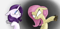 Size: 1301x635 | Tagged: safe, artist:t72b, derpibooru exclusive, fluttershy, rarity, pegasus, pony, spider, unicorn, angry, atg 2019, duo, duo female, female, fluttershy is not amused, glare, hoof hold, nervous, newbie artist training grounds, newspaper, scared, scrunchy face, shrunken pupils, simple background, sweat, unamused