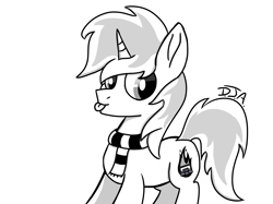 Size: 3048x2280 | Tagged: safe, artist:deejayarts, oc, oc only, oc:mixtape fire, unicorn, :p, black and white, clothes, grayscale, male, monochrome, scarf, simple background, solo, stallion, tongue out, white background