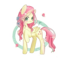 Size: 1024x1024 | Tagged: safe, artist:croon yu, fluttershy, butterfly, pegasus, pony, abstract background, braid, colored pupils, cute, female, flower, flower in hair, mare, pixiv, shyabetes, solo