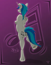 Size: 943x1200 | Tagged: safe, artist:sherwood, dj pon-3, vinyl scratch, pony, semi-anthro, unicorn, bipedal, eyes closed, human shoulders, smiling, solo, standing