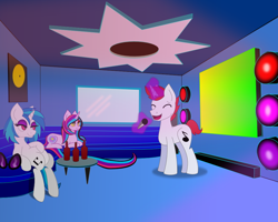 Size: 1000x800 | Tagged: safe, artist:auroraswirls, dj pon-3, vinyl scratch, oc, oc:nebula nova, oc:redrecord, pony, unicorn, alcohol, beer, beer bottle, eyes closed, female, glowing horn, horn, karaoke, magic, male, mare, microphone, music notes, singing, sitting, stallion, sunglasses, telekinesis