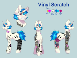 Size: 2732x2048 | Tagged: safe, artist:blacksky1113, dj pon-3, vinyl scratch, pony, unicorn, alternate hairstyle, blue background, commission, ear piercing, earring, eyebrow piercing, female, horn, horn ring, icey-verse, implied lesbian, implied octavia, implied scratchtavia, implied shipping, jewelry, mare, piercing, reference sheet, ring, simple background, solo, tattoo, wedding ring