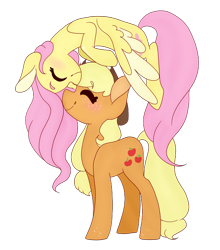 Size: 2030x2306 | Tagged: safe, artist:bubaiuv, applejack, fluttershy, earth pony, pegasus, pony, appleshy, blushing, cute, eyes closed, female, flying, lesbian, mare, nuzzling, shipping, simple background, spread wings, transparent background, upside down, wings