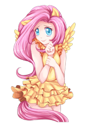 Size: 1400x2000 | Tagged: safe, artist:syertse, fluttershy, human, clothes, colored pupils, cute, dress, eared humanization, humanized, shyabetes, simple background, solo, tailed humanization, transparent background, winged humanization, wings