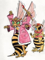 Size: 632x838 | Tagged: safe, artist:kuroneko, derpibooru exclusive, queen bumble, sting (g1), bee, insect, g1, colored pencil drawing, crown, eyepatch, jewelry, regalia, simple background, traditional art, wasp, white background