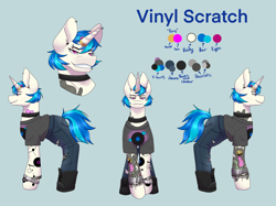 Size: 2732x2048 | Tagged: safe, alternate version, artist:blacksky1113, dj pon-3, vinyl scratch, pony, unicorn, alternate hairstyle, blue background, boots, bracelet, choker, clothes, commission, ear piercing, earring, eyebrow piercing, female, horn, horn ring, icey-verse, implied lesbian, implied octavia, implied scratchtavia, implied shipping, jeans, jewelry, mare, pants, piercing, reference sheet, ring, shirt, shoes, simple background, solo, t-shirt, tattoo, torn clothes, wedding ring, wristband