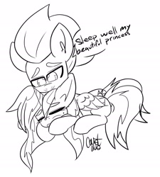 Size: 2290x2549 | Tagged: safe, artist:comet0ne, artist:katkathasahathat, oc, oc only, oc:ryn, oc:suisei, pegasus, pony, unicorn, black and white, cuddling, dialogue, digital art, eyes closed, female, grayscale, lineart, male, mare, monochrome, my little pony, simple background, sketch, stallion, white background