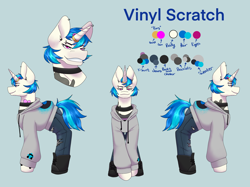 Size: 2732x2048 | Tagged: safe, alternate version, artist:blacksky1113, dj pon-3, vinyl scratch, pony, unicorn, alternate hairstyle, blue background, boots, bracelet, choker, clothes, commission, ear piercing, earring, eyebrow piercing, female, hoodie, horn, horn ring, icey-verse, implied lesbian, implied octavia, implied scratchtavia, implied shipping, jeans, jewelry, mare, pants, piercing, reference sheet, ring, shirt, shoes, simple background, solo, t-shirt, tattoo, torn clothes, wedding ring, wristband