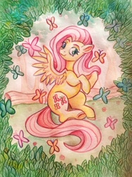 Size: 1280x1712 | Tagged: safe, artist:bartholomaei, fluttershy, butterfly, pegasus, pony, leaves, traditional art, watercolor painting