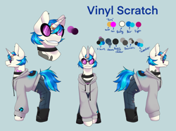 Size: 2732x2048 | Tagged: safe, alternate version, artist:blacksky1113, dj pon-3, vinyl scratch, pony, unicorn, alternate hairstyle, blue background, boots, bracelet, choker, clothes, commission, ear piercing, earring, eyebrow piercing, female, glasses, horn, horn ring, icey-verse, implied lesbian, implied octavia, implied scratchtavia, implied shipping, jeans, jewelry, mare, pants, piercing, reference sheet, ring, shirt, shoes, simple background, solo, t-shirt, tattoo, torn clothes, vinyl's glasses, wedding ring, wristband