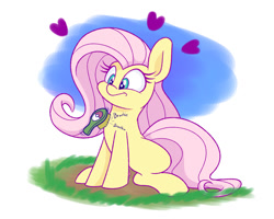 Size: 1280x1024 | Tagged: safe, artist:heir-of-rick, fluttershy, pegasus, pony, :t, atg 2019, brush, brushie, cute, female, floating heart, frown, heart, hidden cane, mare, newbie artist training grounds, pokémon, shyabetes, simple background, sitting, solo, white background, wide eyes, wingless