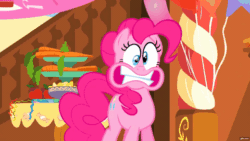Size: 480x270 | Tagged: safe, screencap, pinkie pie, pony, the one where pinkie pie knows, animated, crazy face, faic, floppy ears, gif, insanity, roger rabbit, solo, teeth, teeth grinding