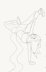 Size: 553x870 | Tagged: safe, artist:drunken bubblez, fluttershy, anthro, pegasus, plantigrade anthro, armpits, breakdancing, clothes, dance floor, female, lineart, midriff, monochrome, pants, shoes, sketch, solo, tanktop, wingless, wingless anthro