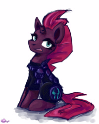 Size: 2000x2500 | Tagged: safe, artist:amy-gamy, tempest shadow, pony, unicorn, my little pony: the movie, broken horn, female, mare, open mouth, simple background, sitting, solo, white background