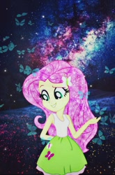 Size: 794x1200 | Tagged: safe, fluttershy, butterfly, human, equestria girls, galaxy, night, pink hair, smiling