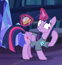 Size: 559x591 | Tagged: safe, screencap, dj pon-3, twilight sparkle, twilight sparkle (alicorn), vinyl scratch, alicorn, pony, a trivial pursuit, bell, clothes, cropped, glowing horn, horn, shirt, shrunken pupils, smiling, solo, t-shirt