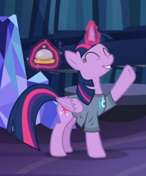 Size: 576x691 | Tagged: safe, screencap, dj pon-3, twilight sparkle, twilight sparkle (alicorn), vinyl scratch, alicorn, pony, a trivial pursuit, bell, clothes, cropped, cute, eyes closed, glowing horn, horn, levitation, magic, shirt, smiling, solo, t-shirt, telekinesis, twiabetes