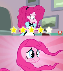 Size: 1244x1393 | Tagged: safe, artist:noguitom, edit, screencap, pinkie pie, pony, better together, equestria girls, five stars, party of one, comparison, female, hair, sad, server pinkie pie, waitress