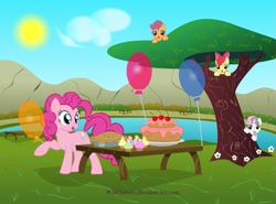 Size: 1039x769 | Tagged: safe, artist:wildanime, apple bloom, pinkie pie, scootaloo, sweetie belle, earth pony, pegasus, pony, unicorn, balloon, cake, cloud, cupcake, cutie mark crusaders, female, filly, flower, food, hiding, mare, party, picnic, picnic table, pie, sky, sun, table, tree, water