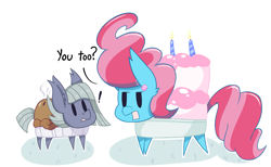 Size: 2605x1600 | Tagged: safe, artist:dragonpone, derpibooru exclusive, cup cake, limestone pie, cake pony, food pony, original species, cake, candle, dialogue, duo, ear fluff, ear piercing, earring, exclamation point, female, food, jewelry, lidded eyes, looking at each other, mare, open mouth, pie, pie pony, piercing, simple background, steam, surprised, white background