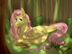 Size: 2658x2000 | Tagged: safe, artist:fullmoondagger, fluttershy, pegasus, pony, squirrel, crepuscular rays, dappled sunlight, female, flower, folded wings, forest, looking at you, mare, outdoors, prone, smiling, solo, three quarter view, wings