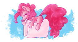 Size: 1229x662 | Tagged: safe, artist:allyclaw, pinkie pie, pony, cute, diapinkes, ear fluff, eyes closed, food, leg fluff, marshmallow, nom, profile, shoulder fluff, size difference, solo, tiny, tiny ponies