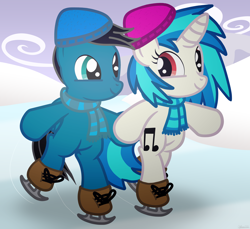 Size: 3600x3300 | Tagged: safe, artist:agkandphotomaker2000, dj pon-3, vinyl scratch, oc, oc:pony video maker, pegasus, pony, unicorn, canon x oc, holding hooves, ice, ice skating, skating, videoscratch, winter