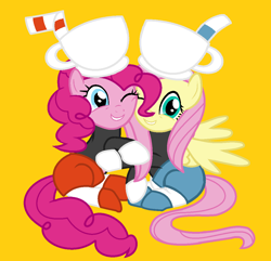 Size: 1092x1052 | Tagged: safe, artist:artzyjamie, artist:trafalgarnaomy, fluttershy, pinkie pie, earth pony, pegasus, pony, base used, bendy straw, clothes, crossover, cup, cuphead, cuphead (character), drinking straw, gloves, hug, huggies, long sleeve shirt, long sleeves, mugman, shirt, shoes, shorts, straw, studio mdhr