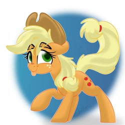 Size: 2000x2000 | Tagged: safe, artist:jen-neigh, applejack, earth pony, pony, :p, abstract background, eyebrows, hat, nose wrinkle, silly, simple background, solo, tongue out