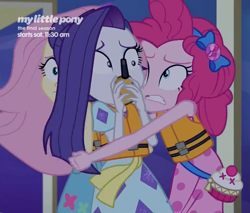 Size: 1267x1080 | Tagged: safe, screencap, fluttershy, pinkie pie, rarity, better together, equestria girls, spring breakdown, fear, group hug, hug, stressed, trio