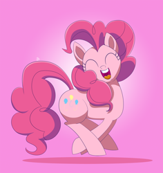 Size: 1550x1645 | Tagged: safe, artist:feralroku, pinkie pie, earth pony, pony, eyes closed, happy, movie accurate, open mouth, pronking, simple background, smiling, solo