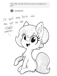 Size: 1544x2040 | Tagged: safe, artist:tjpones, edit, editor:dsp2003, oc, oc only, oc:brownie bun, earth pony, pony, horse wife, ask, bandage, chest fluff, dialogue, ear fluff, female, grayscale, inktober, lineart, looking at you, monochrome, pun, raised hoof, simple background, sitting, smiling, solo, traditional art, tumblr, white background