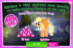 Size: 796x528 | Tagged: safe, applejack, bat pony, pony, night of the living apples, spoiler:comic, spoiler:comic33, advertisement, applebat, bat ponified, blonde, braid, braided tail, costs real money, female, gameloft, gem, hatless, mare, missing accessory, official, race swap, sale